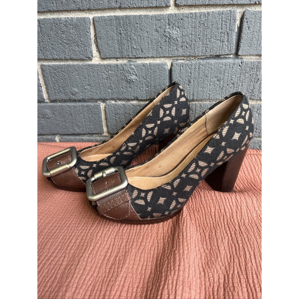 FOSSIL Heel Shoe Black Tan Textile Women's SIZE 5